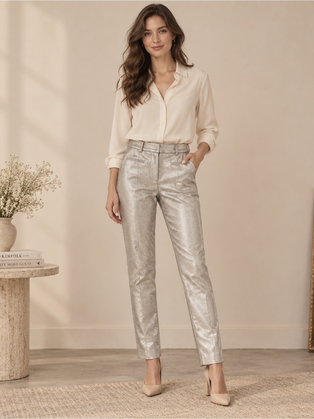 Club Monaco Metallic Silver Straight-Leg Tailored Pants Size 2